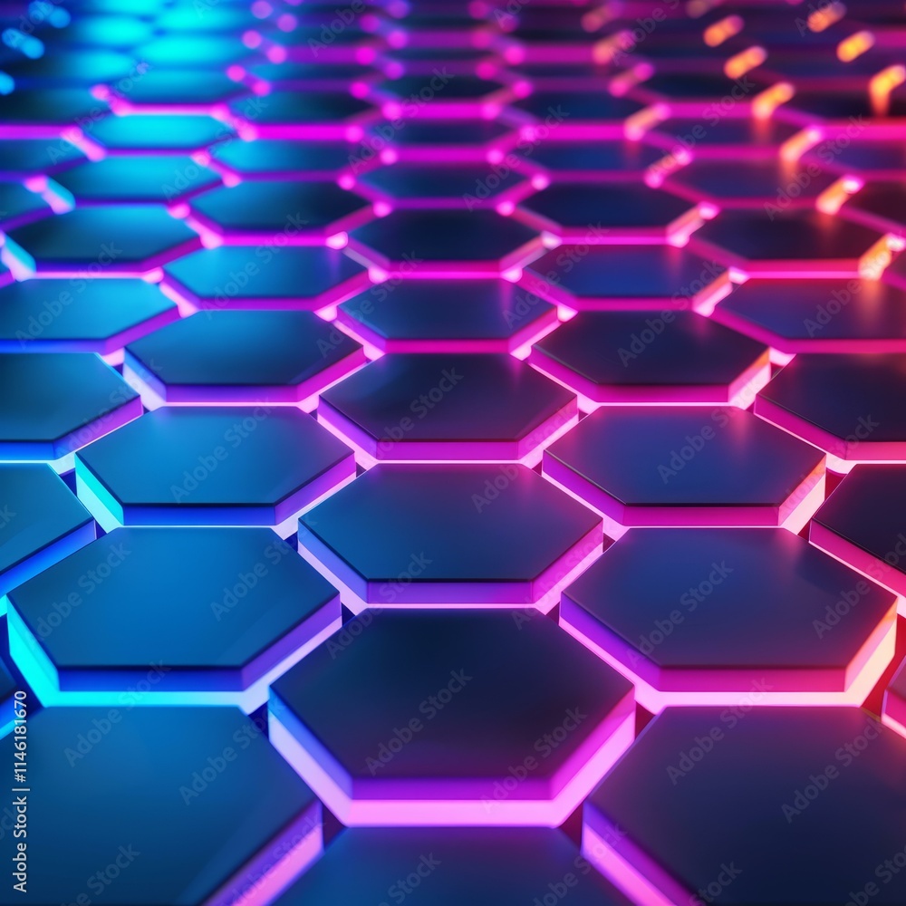 Poster abstract background showing glowing hexagon pattern with blue and purple lights extending into the d