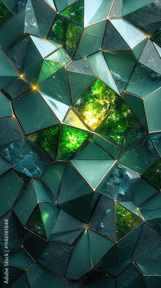 Poster abstract green geometric crystal structure with embedded forest scene.