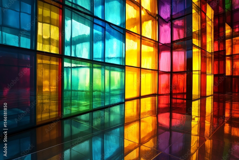 Poster vivid colorful glass panels form a stunning mosaic in this image, capturing light and reflection whi