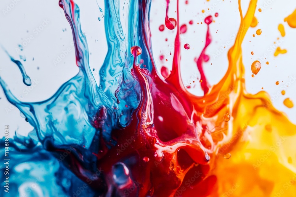 Poster A captivating image capturing dynamic splashes of red, blue, and yellow paint, merging in energetic motion, evoking a sense of creativity and artistic fluidity.