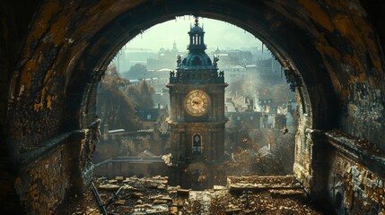 A view of a clock tower through an arch