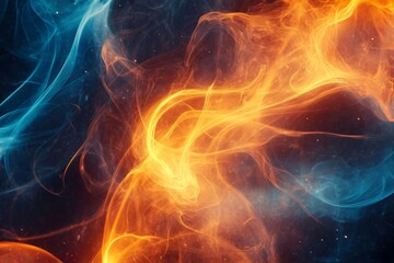 An artistic blend of fiery orange and blue smoke, creating a mesmerizing cosmic scene reminiscent of otherworldly beauty, energy, and vibrant visual dynamics.
