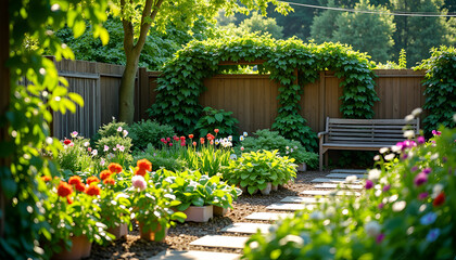 Fototapeta premium Beautiful garden pathway with flowers and greenery, serene atmosphere with wooden bench, copy space