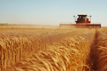 Fototapeta premium A combine harvester works through a field of wheat beneath a clear sky, signifying the bounty of harvest season and the productivity of modern farming technology.