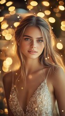 Fototapeta premium Sexy woman in golden dress poses at party night photo.Fictional Character Created By Generative AI