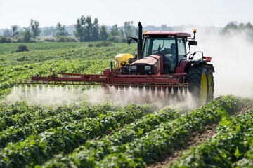 Fototapeta premium A powerful tractor operates in an expansive field, efficiently spraying crops with a misty solution, demonstrating modern agricultural techniques under bright natural conditions.
