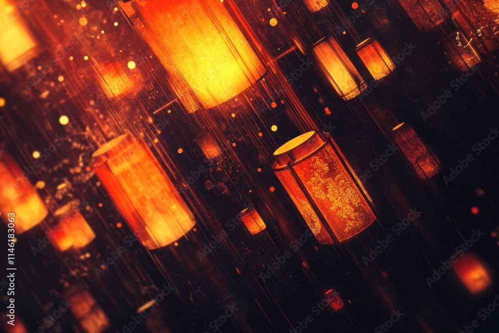 Poster mesmerizing lanterns floating in a dreamlike atmosphere with glowing lights and textured background 