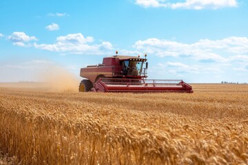 Obraz premium A bright red combine harvester processes golden wheat in a vast field under a clear sky, depicting modern agriculture's efficiency and the hardworking spirit of farmers.