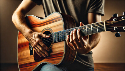 Fototapeta premium man playing guitar, close-up of guitar and hands, no face
