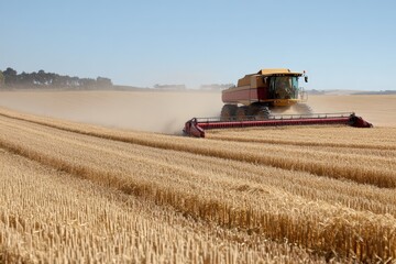 Obraz premium Powerful combine harvester efficiently working through a golden wheat field under a bright sky, capturing the essence of modern agricultural productivity and dedication.