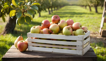 "Still-Life Image of Freshly Picked Apples and Pears with Leaves Intact, Elegantly Displayed in a Wooden Crate Against a Soft-Focus Orchard Background – Perfect for Farm Fresh Produce Themes"