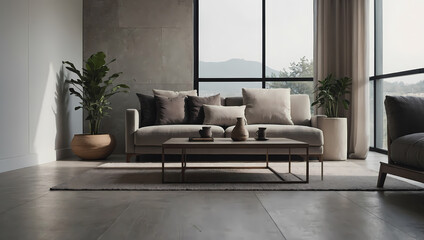 Modern Living Room Interior with Sofa, Coffee Table, and Plants