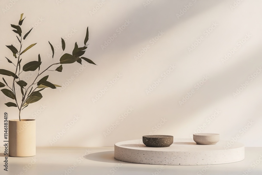 Aufkleber a minimalistic display features a round pedestal with two small bowls, accompanied by a potted plant