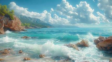 a view of the ocean from a rocky shore