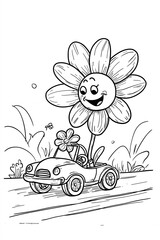 Flower Driving a Car - Coloring Page for Kids