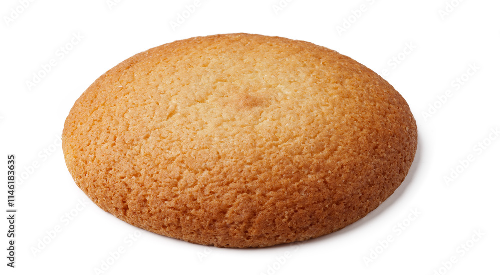 Poster round cookie sitting on a white surface with a smooth texture and golden color indicating freshness 