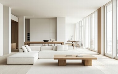 Spacious living room in minimalist style with white sofa, wooden coffee table, large windows, and light wall finishes