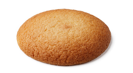 Round cookie sitting on a white surface with a smooth texture and golden color indicating freshness and simplicity