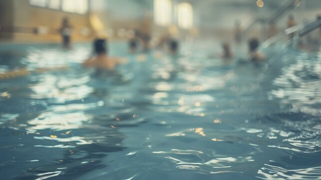 Calm indoor swimming pool with gentle ripples image. Blurred figures of swimmers photography scene wallpaper. Swim facility. Swimmingpool aquatic activity concept photorealistic photo