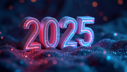 numbers 2025 on a futuristic background, neon, shiny, glowing, festive, poster, greeting, trend, sparkle