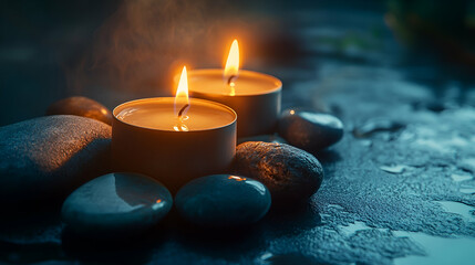 Soft candlelight illuminates pebbles on a serene surface in a tranquil setting