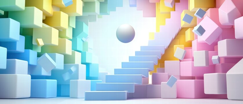 Fototapeta Pastel Cubes Staircase and Sphere Abstract Background
