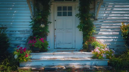a white door and steps in front of a house