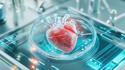Futuristic bioengineered human heart in advanced laboratory for medical tissue engineering research.