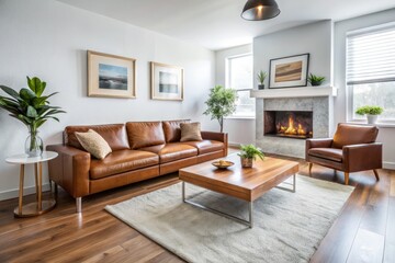 Minimalist Living Room Design: Bird's Eye View of Fireplace, Brown Leather Sofa & Wooden Table