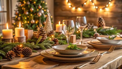 Minimalist Rustic Christmas Table Setting: Eye-Level Closeup Photography