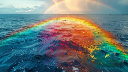 an aerial view of a rainbow in the ocean