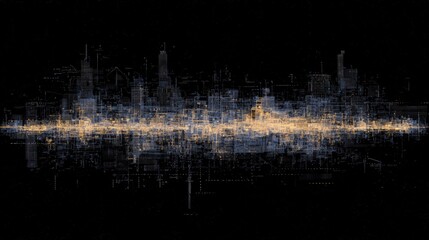 Abstract city skyline at night, glowing lights.
