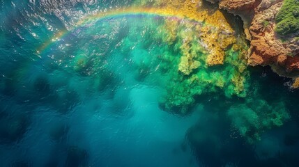 an aerial view of a rainbow in the ocean