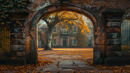 an archway leading to a building with a tree in the middle