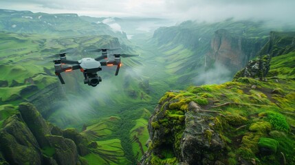 black drone flying over green and brown mountain during daytime