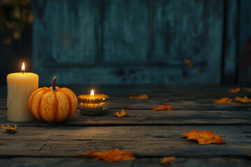 Obraz premium Rustic wooden table with autumn candles and small pumpkin decor