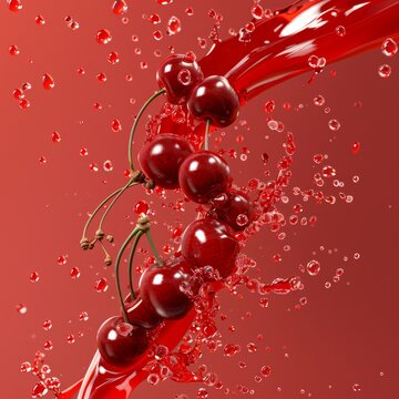 Red cherries in a swirl of cherry juice with splashes.