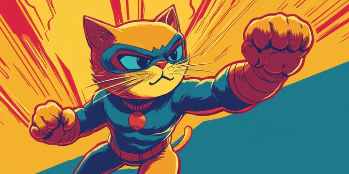 Cartoon superhero cat in action with dynamic comic book style