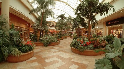 Lush indoor mall atrium with plants, shops, and skylight.