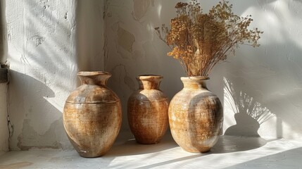 brown clay vases on white concrete table