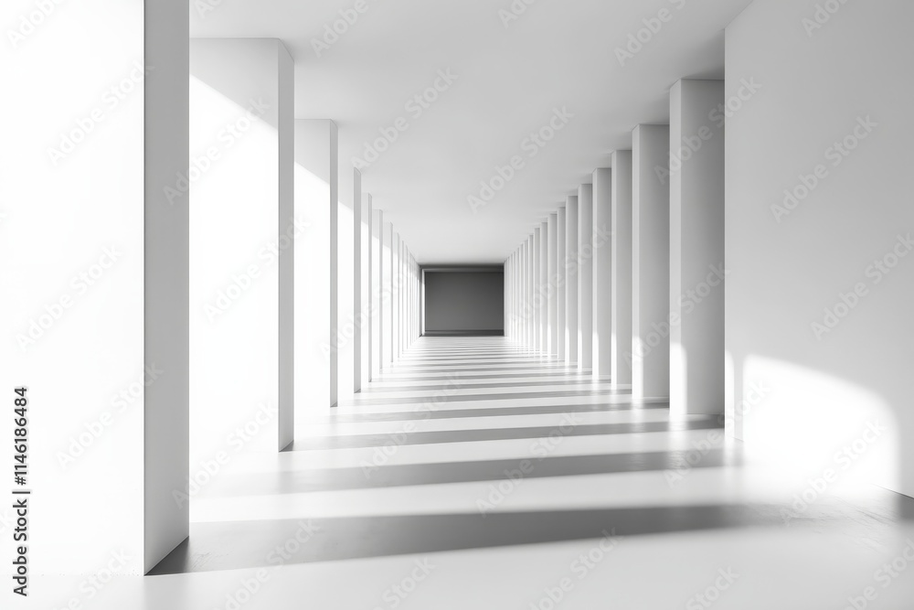Poster A minimalist white corridor with sleek design elements showcases the dramatic interplay of shadows, creating a serene and modern architectural wonder.