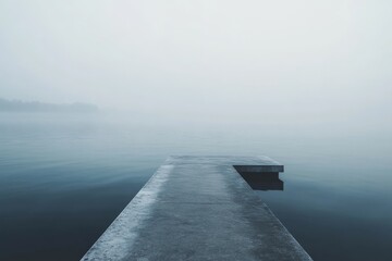 Obraz premium A fog-covered pier extends into the still and misty waters, creating an atmosphere of peace and mystery as it gradually disappears from view, blending with nature.