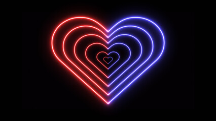 Neon red and blue heart on black background. Love, abstract and decorative concept, symbol of electric light banner in heart shape.