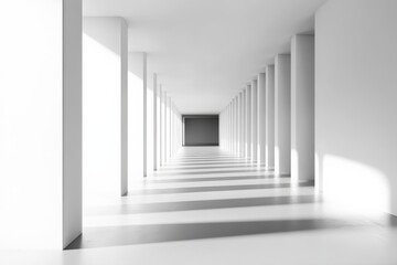 Obraz premium A minimalist white corridor with sleek design elements showcases the dramatic interplay of shadows, creating a serene and modern architectural wonder.