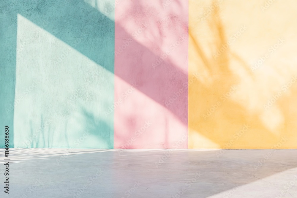 Aufkleber a pastel-colored wall featuring shades of pink, mint, and yellow is adorned with shadows, providing 