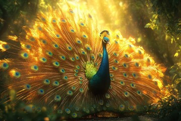 Obraz premium Golden peacock displays its vibrant plumage in a sunlit forest. Perfect for projects needing elegance, luxury, or nature themes.
