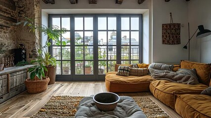 Cozy living area featuring warm colors and natural light in a stylish modern home