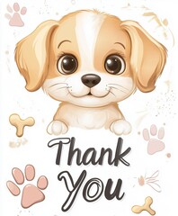 Illustration of a happy puppy with 'Thank You' text, surrounded by paw prints and pastel tones