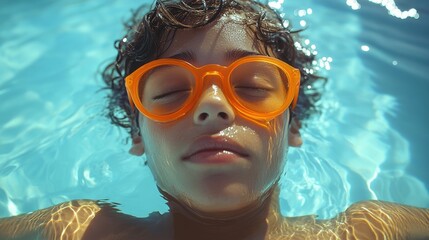 Naklejka premium Boy floating on his back in a swimming pool, wearing bright orange goggles, with sunlight dancing on the water's surface, creating a serene and summery atmosphere.