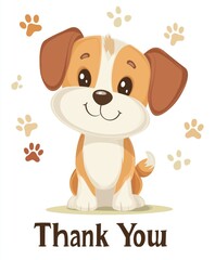 Charming illustration of a sitting puppy with 'Thank You' message and paw prints